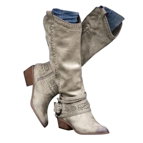 EIYEI Knee High Cowboy Boots for Women Pointed Toe Pull-on Embroidery Mid Calf Western Boots Bohemia Slouchy Long Tall Bootie Retro Hollow Bridal Wedding Cowgirl Boots with Side Zipper and Buckle