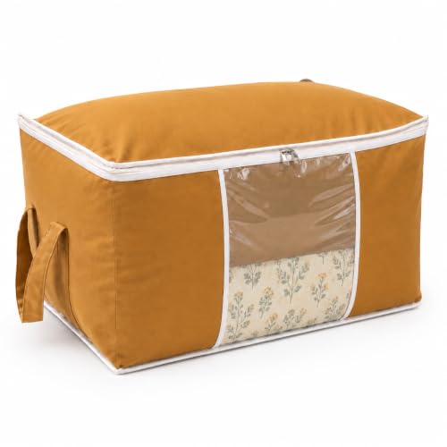 Image of Non-Woven Side Handle Underbed Storage Bag /Organizer for Blankets, Comforters, Clothes, Quilts | Foldable, Durable Dustproof Storage Container | 65x33x47 cm | Pack of 1 | Beige