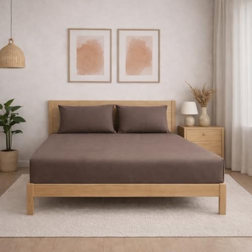 Image of THE HOME STYLE Solid Plain Cotton Feel Fitted Bedsheet King Size (72x78 inches) | 2 Pillow Covers | 300 TC | Elastic Fit | Fits Upto 8 Inch Mattress (Mocha)