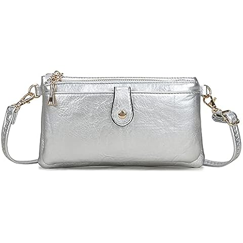 AOSSTA Small Cross Body Bag for Women Cell Phone Shoulder Bag with Long Strap Clutch Bag Evening Bag for Girls (Silver (With Two Zip)) Cover