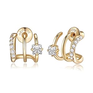 Obidos 14K Gold Plated Triple Huggie Illusion Stud Earrings | Double Huggie Hoop Earrings for One Hole | Gold Hoop Earrings for Women