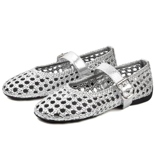 Image of Woven Ballet Flats Mesh Mary Jane Flats for Women Dressy Comfortable Ballerina Flat Round Toe Buckle Strap Mesh Shoes Casual Mary Janes