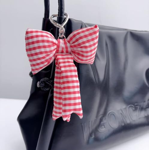 Image of Pink Bow Keychain Bag Charms Y2K Bowknot Plaid Keychains Coquette Aesthetic Purse Handbag Backpacks Charms (Red Houndstooth)