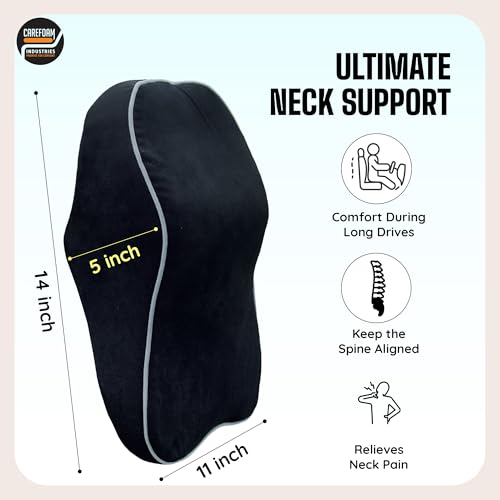 Image of CareFoam Ultimate Memory Foam Car Neck Rest Pillow, Comfortable Rides, Superior Neck Support Cushion, Relieves Neck Pain, Black Velvet Cover | 14 x11 x5 Inch | Large Pack of 2