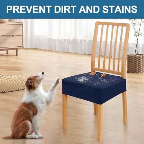 Image of Smiry Waterproof Seat Covers for Dining Room Chairs, No Rear Covers | Stretch Jacquard Removable Washable Chair Seat Slipcovers Protector, Set of 4, Navy