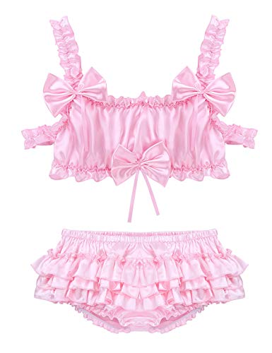 iiniim Men's Satin Nightwear Ruffled Frilly Wire-Free Bra Crop Top with Skirted Panties Sissy Lingerie Set