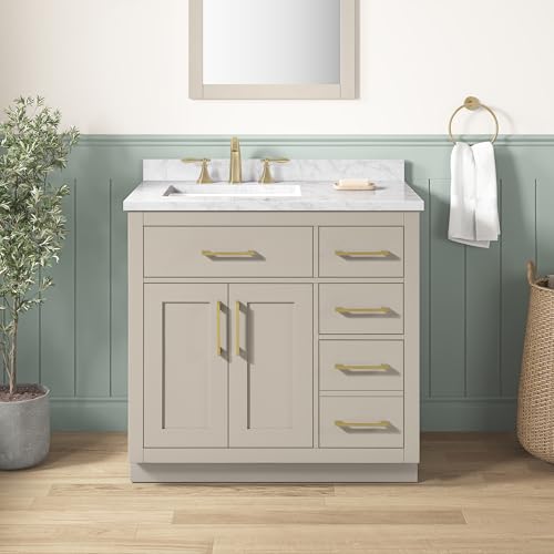 Image of OVE Decors Athea 36 in. Single Sink Freestanding Greige Bathroom Vanity with White Engineered Marble Top, Matching Backsplash, Power Bar and Brushed Gold Hardware