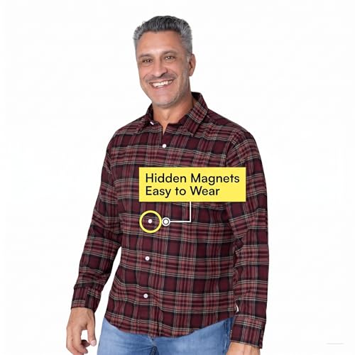 Joe & Bella Magnetic Button Flannel Shirt, Adaptive Clothing for Men - Magnetic Closure Dress Shirts - Long-Sleeve, Relaxed Fit, Hidden Magnets, Easy One-Hand Dressing, Stretch Cuffs, Red - Medium