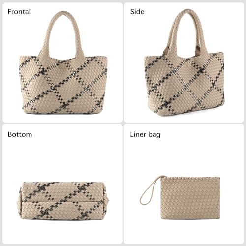 Image of Woven Bag for Women, Large Neoprene Tote Bag Summer Beach Handbag Purse Retro Handmade Travel Shoulder Bag Set