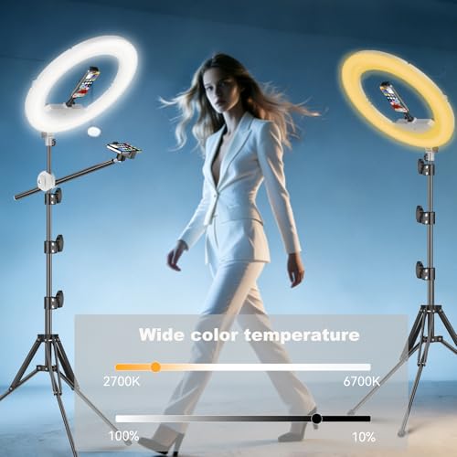 Image of 55W18 45cm Ring Light Kit [New Version] 6700K Dimmable LEDRinglightTripod Stand Dual Phone Holder for iPhone Selfie Makeup LashTattoo Studio Lighting Painting,Photo Video Recording (White)