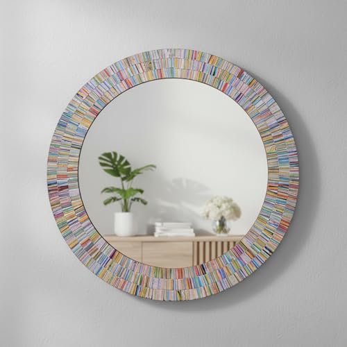Bohemian Rainbow Wall Mirror -Glass Mosaic Mirror Decorative Wall Mirror, Multi Color Spectrum Wall Mountable, 24' Multi-Color Round Framed Mirror