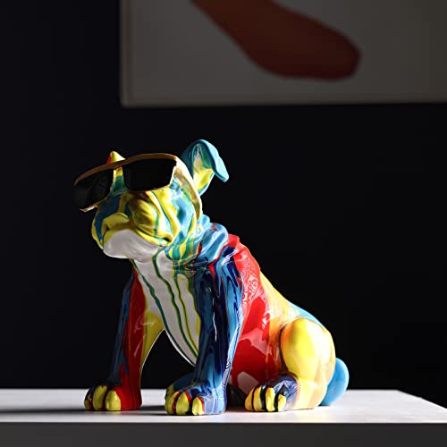 Resin Colorful French Bulldog Statue Decor，Dog Sitting With Sunglasses Figurines,Unique Statues For Home Decor Accents, Living Room Bedroom Office Decoration,Red Blue Yellow Sculpture,Memorial Gift #TOP4