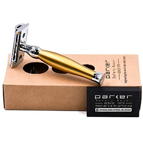 Miniatura 2 de Parker 48R - Maquinilla de afeitar pesada de doble filo de 3 piezas, acabado dorado mate con 5 cuchillas de afeitar de doble filo platino de primera