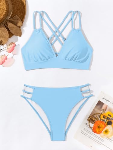 Image of Fanuerg Women's Sexy V Neck Bikini Sets Hollow Out Two Piece Swimsuits Cutout Mid Waist Bathing Suit