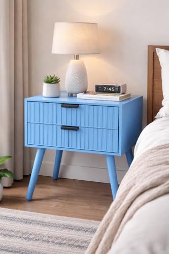 Image of Brown Art SHOPPEE Wooden Bedside Table for Bedroom | Line Design Bed Side Nightstand Lamp Table with 2 Drawers for Home | Side Table for Living Room | Premium Engineered Wood & Wood Legs (Blue)