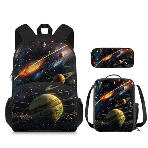Galaxy Backpack for Boys 8-12 with Lunch Box Black Backpack Set 3 in 1 School Bookbag Set Elementary Middle School Backpack Purse Lightweight Shoulder Bags Daypack