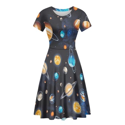 Image of Forchrinse Galaxy Colorful Planet Space Womens Dress Short Sleeve Midi Tunic Dress Plus Size Casual Elegant Formal Dress 3D Galaxy Party Sexy Sundresses for Women, Large