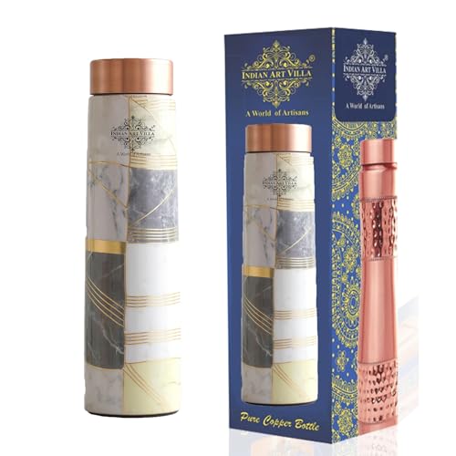 Image of INDIAN ART VILLA Copper Gold Print Copper Bottle, Copper Drinkware, 800 ML, Gold Printed White
