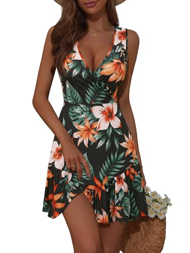 FENSACE Tropical Dresses for Women Sun Dress Wrap V Neck