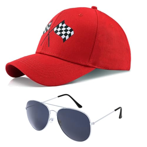 Baseball Cap with Sunglasses for Men Women Checkered Flags Race Car Flag Hat for Racing Car Party Dress Up Supplies (Red)