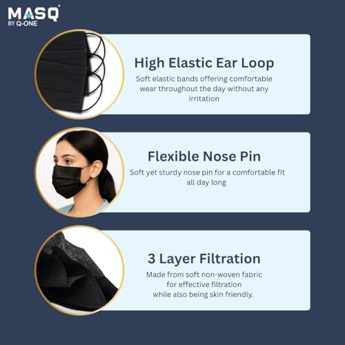 Image of MASQ By Q-One Single Use Disposable Black Face Mask, Soft on Skin, 3-ply Masks Facial Cover with Elastic Earloops and Nose Clip Great For Home, Office, School, and Outdoors