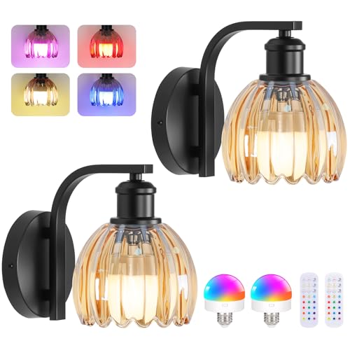 Image of Vintage Rechargeable Battery Operated Wall Sconce Set of Two with Remote | Black Cordless Wall Light with Amber Tulip Glass Lampshade, 15 Colors Dimmable Wireless Wall Lamp for Bedside Hallway Bedroom