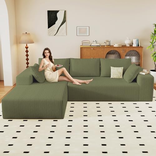 Image of 96 inch Modular Sectional Couch, Boneless L Shaped Cloud Sofa with Chaise Lounge, Corduroy Upholstered Couches Memory Foam Deep Seat, No Assembly Required, Ideal for Living Room(Green, Left Facing)