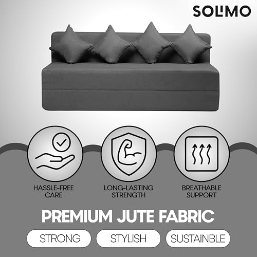 Image of Amazon Brand - Solimo 4 Seater 6 * 6 Jute Fabric Washable Cover Sofa Cum Bed with 4 Cushions 4 Seater Double Foam Fold Out Sofa Cum Bed (Finish Color - Grey Delivery Condition - Pre-Assembled)