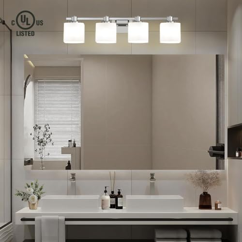 Image of 32 Inch Chrome Bathroom Light Fixtures Over Mirror 4 Light Bathroom Vanity Light Silver Modern Industrial Makeup Lighting Wall Sconce Shower Farmhouse Rustic Milk Glass Lamp Above Desk Sink