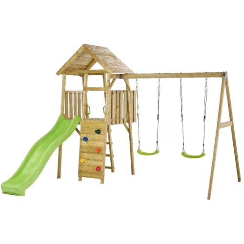 Kangui WOODI Zona de juegos de pórtico de madera - Doble columpio, tobogán, pared de escalada, cabaña, escalera