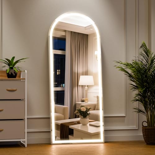 ZENOMIRRIS Espejo LED arqueado de longitud completa con luces de 56 x 20 pulgadas, espejo de suelo iluminado con atenuación e iluminación de 3 colores, marco de aluminio, inclinado o colgante, para