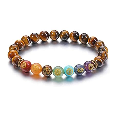 VadiForest Natural 8mm 7 Chakra Stone Crystal Bracelet Reiki Tiger Eye Crystal Gemstone Beads Men Women Stretch Bracelet for Meditation Cover