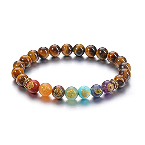 Vadiforest Natural 8Mm 7 Chakra Stone Crystal Bracelet Reiki Tiger Eye Healing Crystal Gemstone Beads Men Women Stretch Bracelet For Meditation, Protection #TOP9