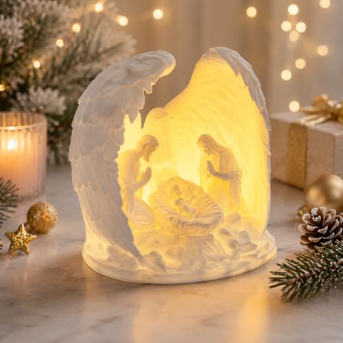 Image of Nativity Angel Lamp with Tealight | 3D Printed Holy Family Night Light | Christmas Crib LED Decor for Home, Gifts & Festive Display (White, 110 mm)