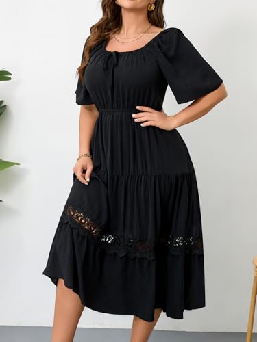 Image of RWJ Women's Plus Size Maxi Dress Short Sleeve Square Neck Flowy A-Line Lace Trim Flutter Party Casual Off Shoulder Dresses