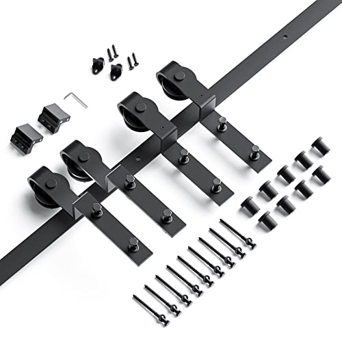 EaseLife 12 FT Bypass Double Sliding Barn Door Hardware Kit,Single Track, Slide Smoothly Quietly, Easy Install (12FT Track Kit for Double 77\" Wide Door)