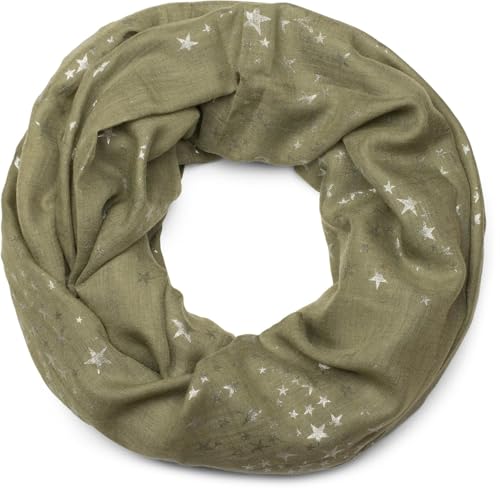 styleBREAKER Damen Loop Schal mit Metallic Sterne Print | Glitzer Schlauchschal ca. 89 x 75 cm | Leichter Rundschal für Frühjahr & Herbst, Farbe:Oliv