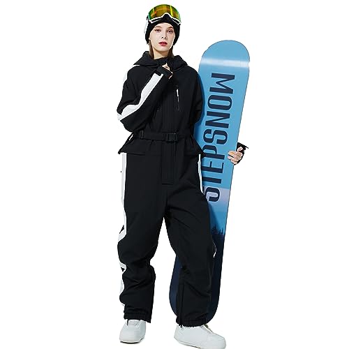Trajes de esquí de una pieza para mujer, resistente al viento, impermeable, trajes de nieve de invierno para deportes al aire libre, negro, talla L
