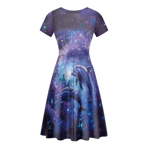 Image of HUGS IDEA Womens Puffy Swing Midi Dress Round Neck Short Sleeve Party A-Line Dresses