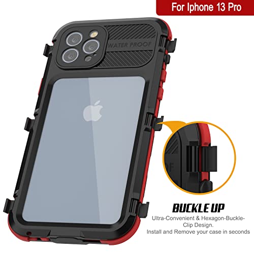 Punkcase For Iphone 13 Pro Waterproof Aluminum Case [Metal Extreme 2.0 Series] Ip68 Rugged Bumper Cover W/Buillt In Screen Protector | Ultimate Protection For Iphone 13 Pro (6.1") [Black-Red] #TOP4