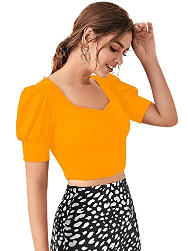 Image of Istyle Can Sweetheart Neck Ruched Front Puff Sleeve /Half Sleeve Streachable Solid /Plain Slim Fit Crop top for Women | Women's Slim FIT Crop TOP | Tops for Women