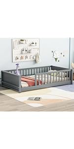 Montessori Twin Size Solid Wood Bedframe with Safety Fence for Kids, Natural Finish, Easy Assembly