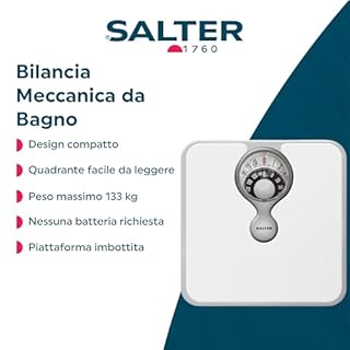 Salter Bilancia Meccanica da Bagno – Bilancia Pesa Persona Analogica, Quadrante con Lente d’Ingrandimento, Portata Massima 133 KG, Design Monocromatico, Senza Batterie, Colore Bianco