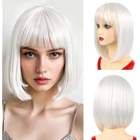 NOTICEME White Bob Wig with Bangs, Short Straight Costume White Wig for Women Festival Party Cosplay Daliy Neon Colorful Wig 14 Inch Cover