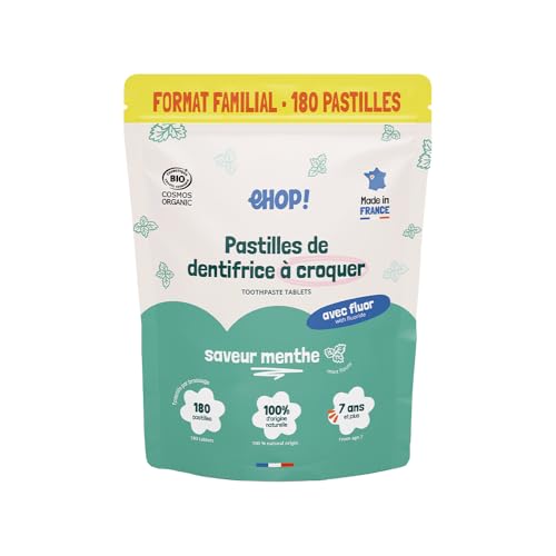 [EHOP] 180 pastillas dentífricas masticables sabor menta | Sin agua ni tubo | Económicas, sin residuos | Hechas en Francia | Ideales para viajar