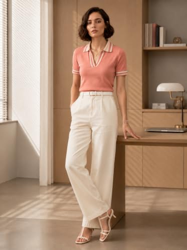 Image of FYLTR Women's Modern V-Neck Striper Collar Solid Polo T-Shirt - Contrast Tipping Details | Regular Fit | T-Shirts for Women | Open Placket
