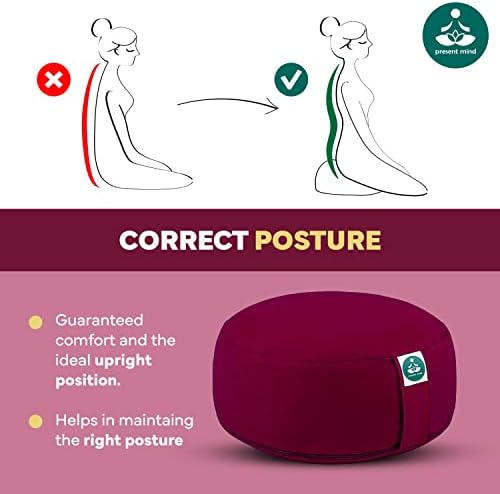 Present Mind Round Zafu Yoga Cushion (Height 16 cm) - Different Colour - High Yoga Cushions/Meditation Cushion - Made in the EU - Washable Cover - 100% Natural Floor Seat Cushion - Meditation Gifts