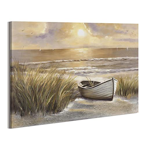 Beach Wall Art Canvas Decor: Bathroom Coastal Sunset Landscape Picture Ocean Sea Scene Artwork Seascape Seaside Boat Seashore Print for Living Room Bedroom Home Office