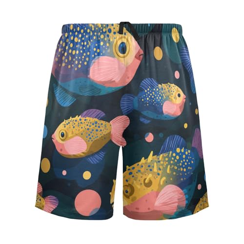 Men's Short Pajama Bottoms Cartoon Puffer Fishes Black Home Casual Sleep Pants