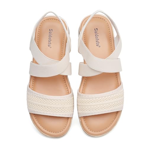Saidoteto Women's Wide Width Flat Sandals,Comfortable Elastic Ankle Strap Slingback Slip-On Open Toe Low Wedge Walking Sandals for Summer & Casual